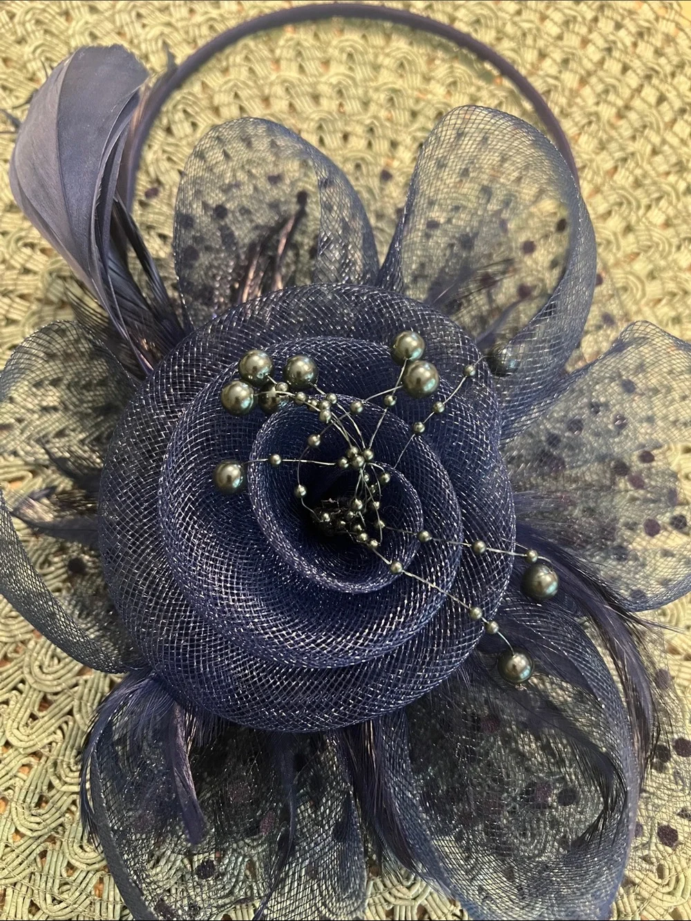 NWOT Elegant Navy Floral Fascinator Headband with Beaded Accents.